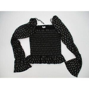 Patrons of Peace Womens Shirt XS Black Smocked White Bell Sleeve Stretchy Casual